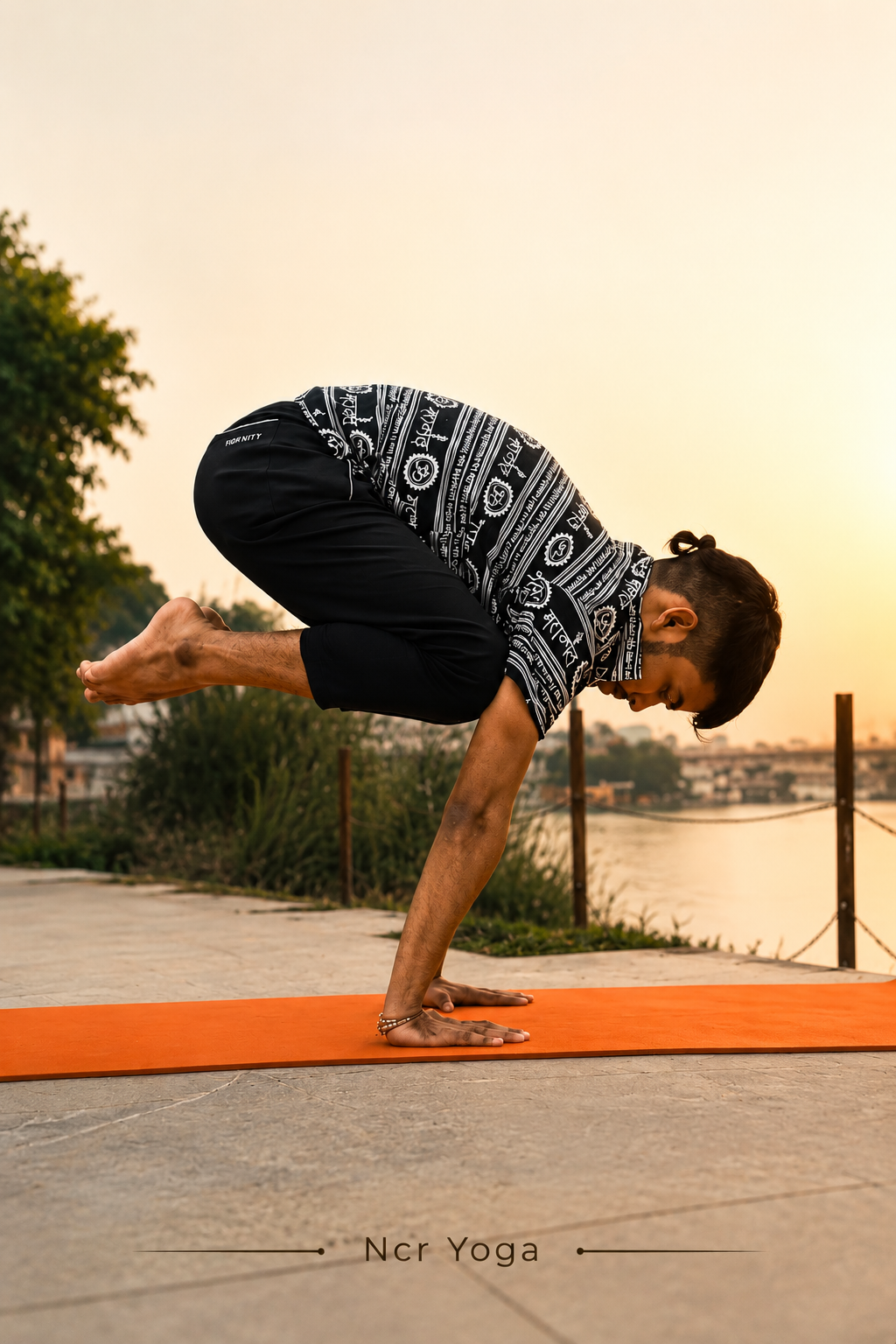 Yoga trainer guiding a student at home